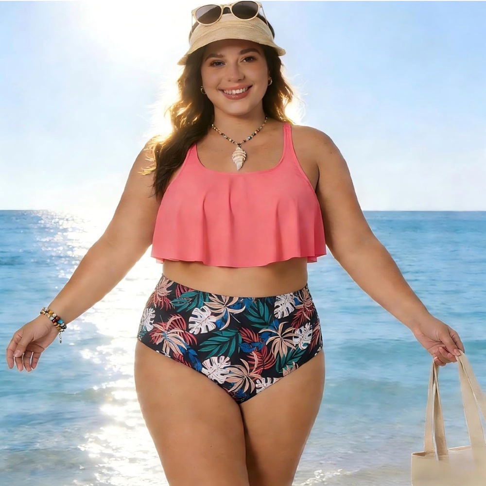 Tropical Pink and Black High-Waisted Bikini Set